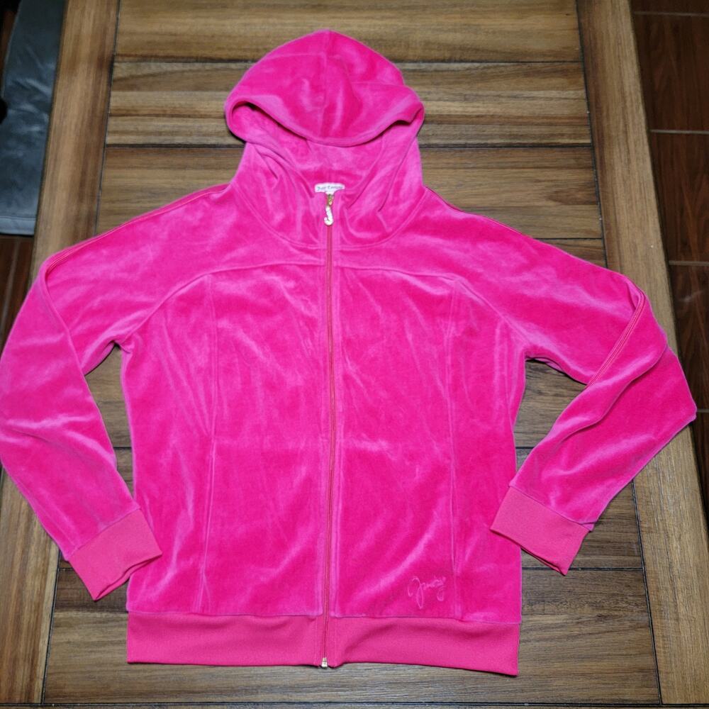 Juicy Couture LS Hooded Hot Pink Classic Velour Jacket - Size Large
